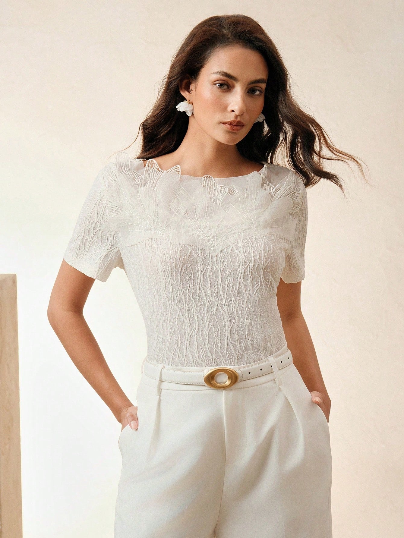 Anewsta Women's Elegant Apricot White Sheer 3D Flower T-Shirt