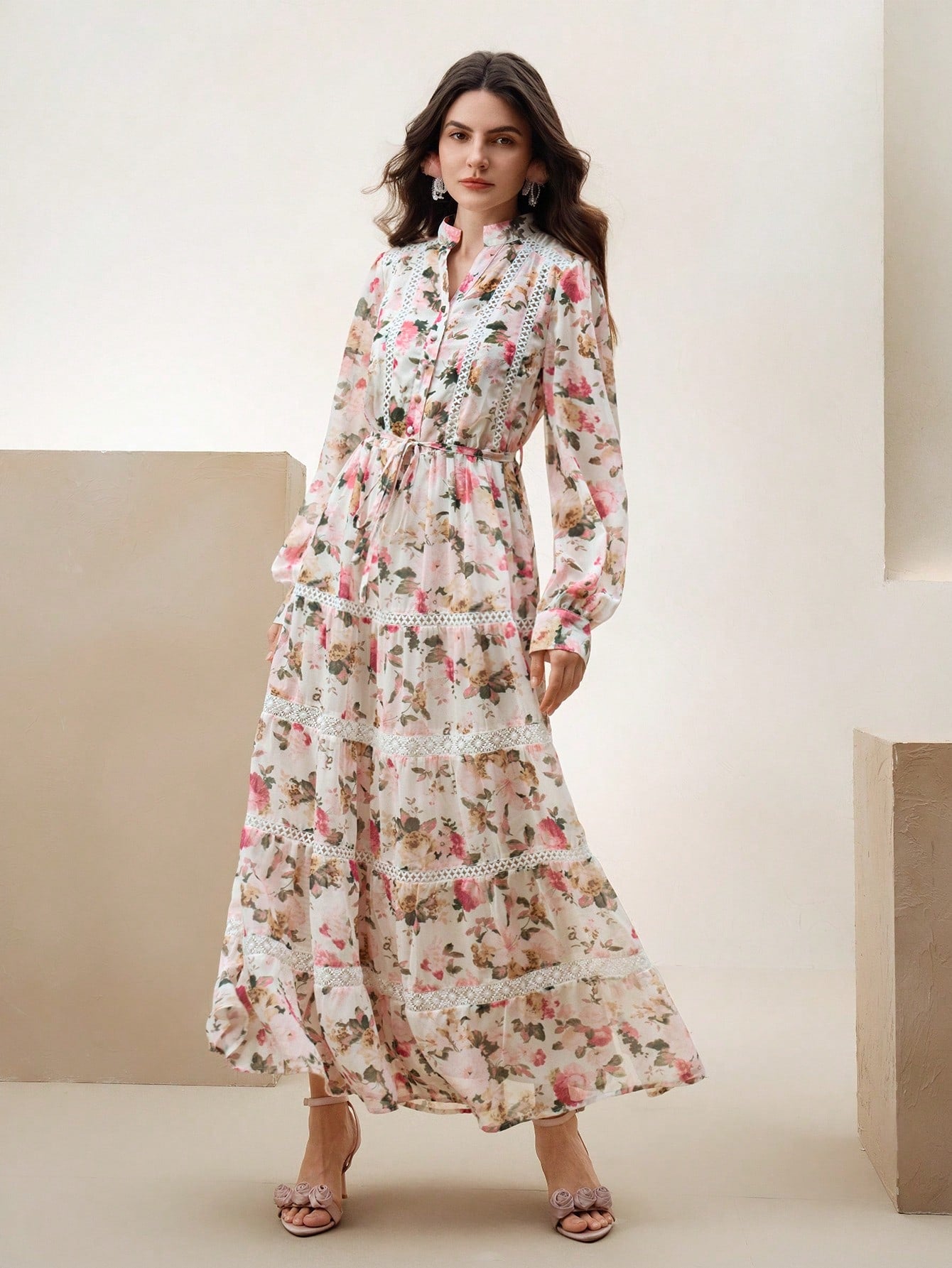 Anewsta Women's Elegant Floral Print Long Dress