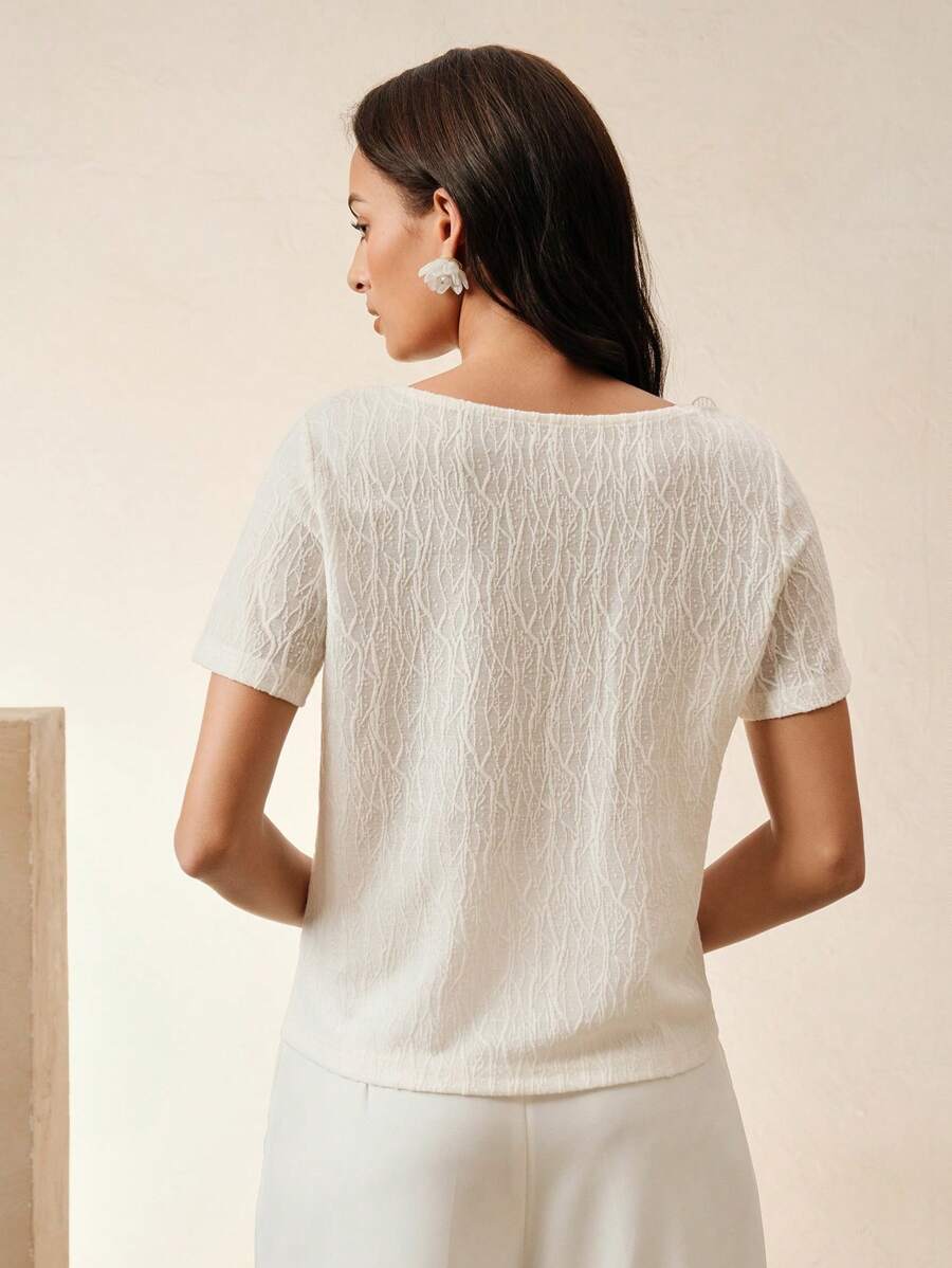 Anewsta Women's Elegant Apricot White Sheer 3D Flower T-Shirt