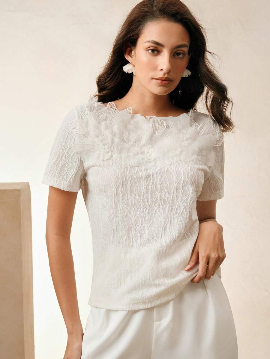 Anewsta Women's Elegant Apricot White Sheer 3D Flower T-Shirt