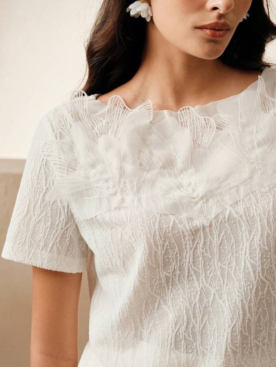 Anewsta Women's Elegant Apricot White Sheer 3D Flower T-Shirt