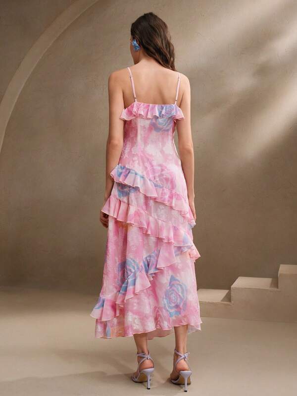 Women's Long Floral Print Slip Dress With Ruffle Trim, Elegant & Chic, Suitable For Vacation, Beach, Casual Wear, Summer