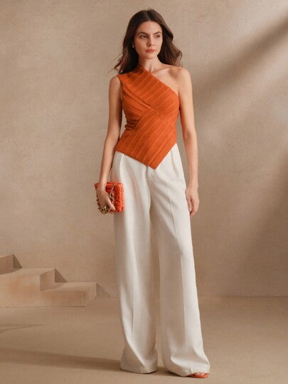 Fashionable Elegant Asymmetric One Shoulder Ribbed Hollow Out Waist Fitted Women Knit Top, Spring/Summer
