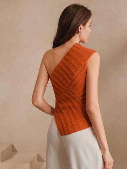 Fashionable Elegant Asymmetric One Shoulder Ribbed Hollow Out Waist Fitted Women Knit Top, Spring/Summer