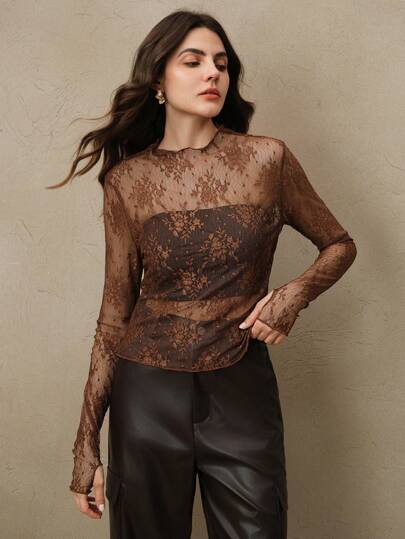 Women's Lace See-Through Sexy Thumb Hole Elegant Blouse, Suitable For Holiday Party Outfits