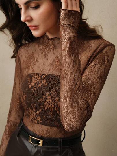 Women's Lace See-Through Sexy Thumb Hole Elegant Blouse, Suitable For Holiday Party Outfits