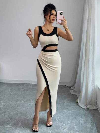 Asymmetrical Shoulder Cut-Out Waist Sexy Graceful Maxi Dress