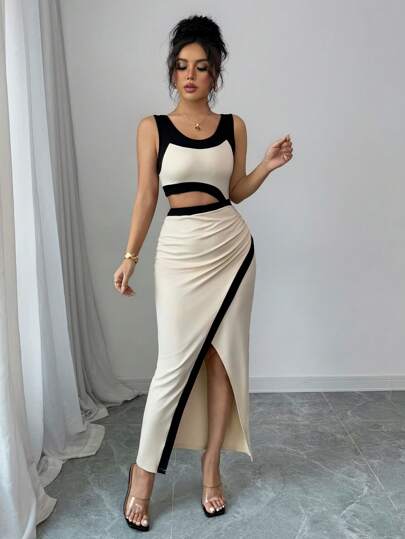 Asymmetrical Shoulder Cut-Out Waist Sexy Graceful Maxi Dress