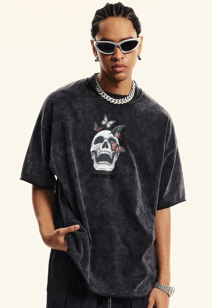 🦋 CHEERINCODE Skull & Butterflies Graphic Washed T-Shirt