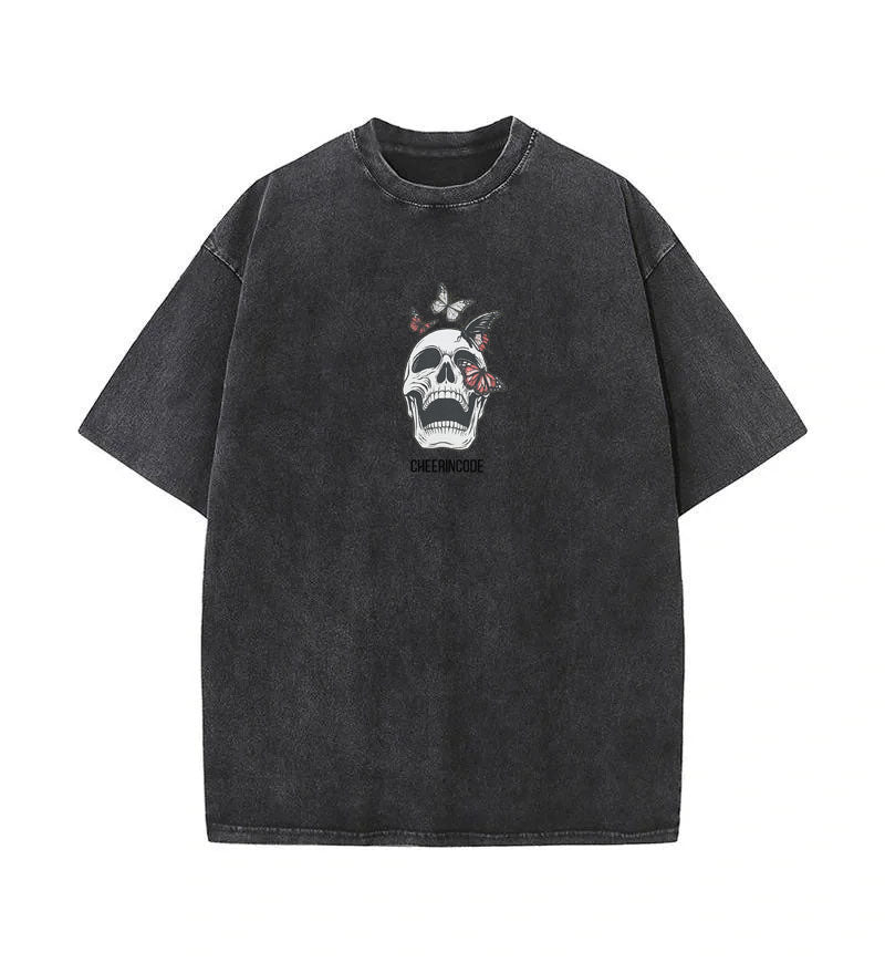 🦋 CHEERINCODE Skull & Butterflies Graphic Washed T-Shirt