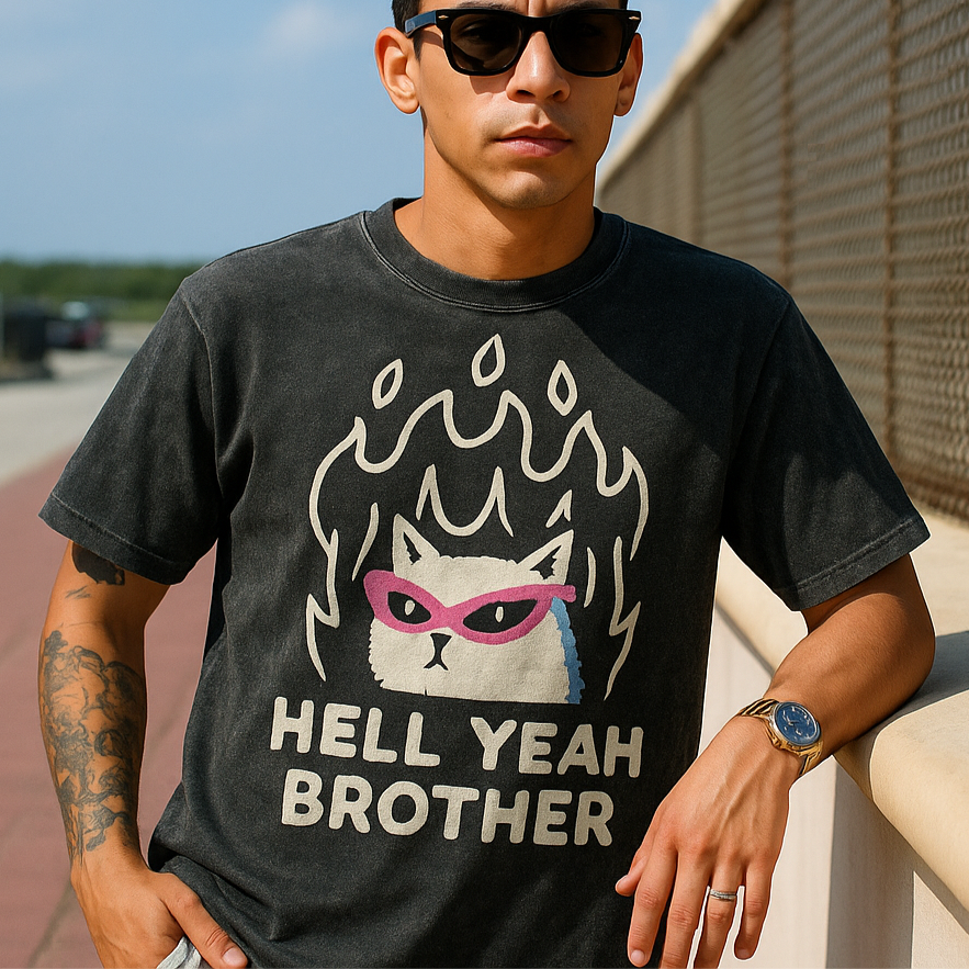 "HELL YEAH BROTHER" Fire Cat Tee β Vintage Washed