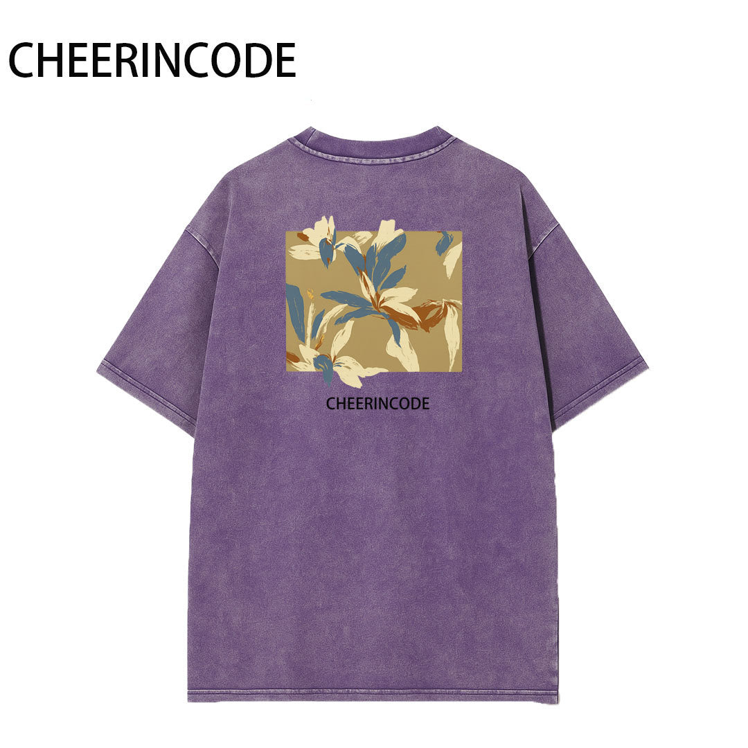 🌺 Cheerincode Abstract Floral Washed T-Shirt – Purple