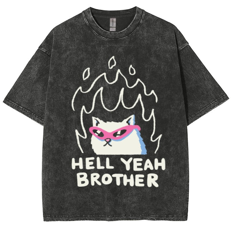"HELL YEAH BROTHER" Fire Cat Tee β Vintage Washed