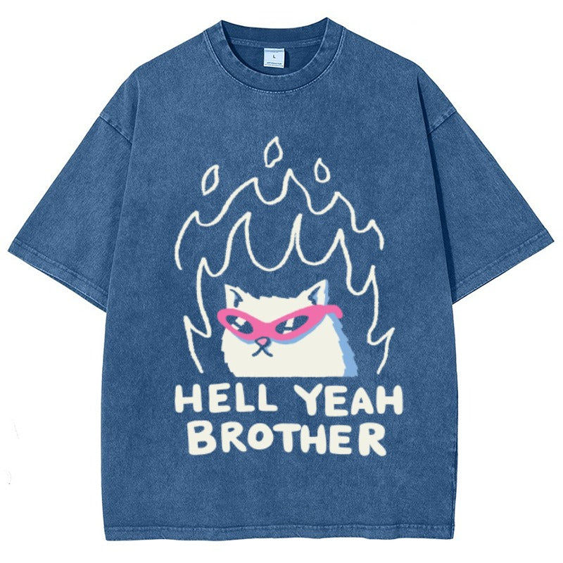 "HELL YEAH BROTHER" Fire Cat Tee β Vintage Washed