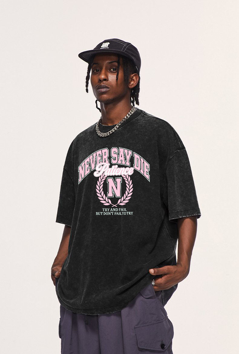 NEVER SAY DIE Washed College-Inspired Graphic Tee