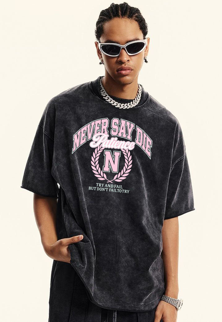 NEVER SAY DIE Washed College-Inspired Graphic Tee