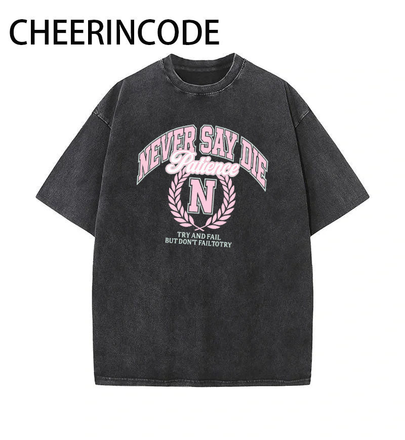 NEVER SAY DIE Washed College-Inspired Graphic Tee