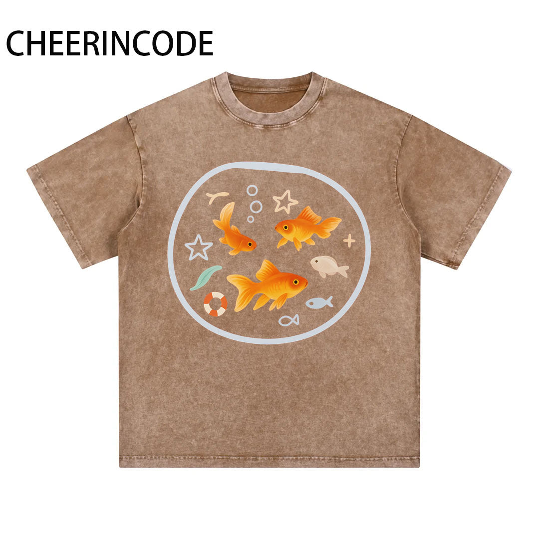 Illustration style small fish pattern cute print short sleeve