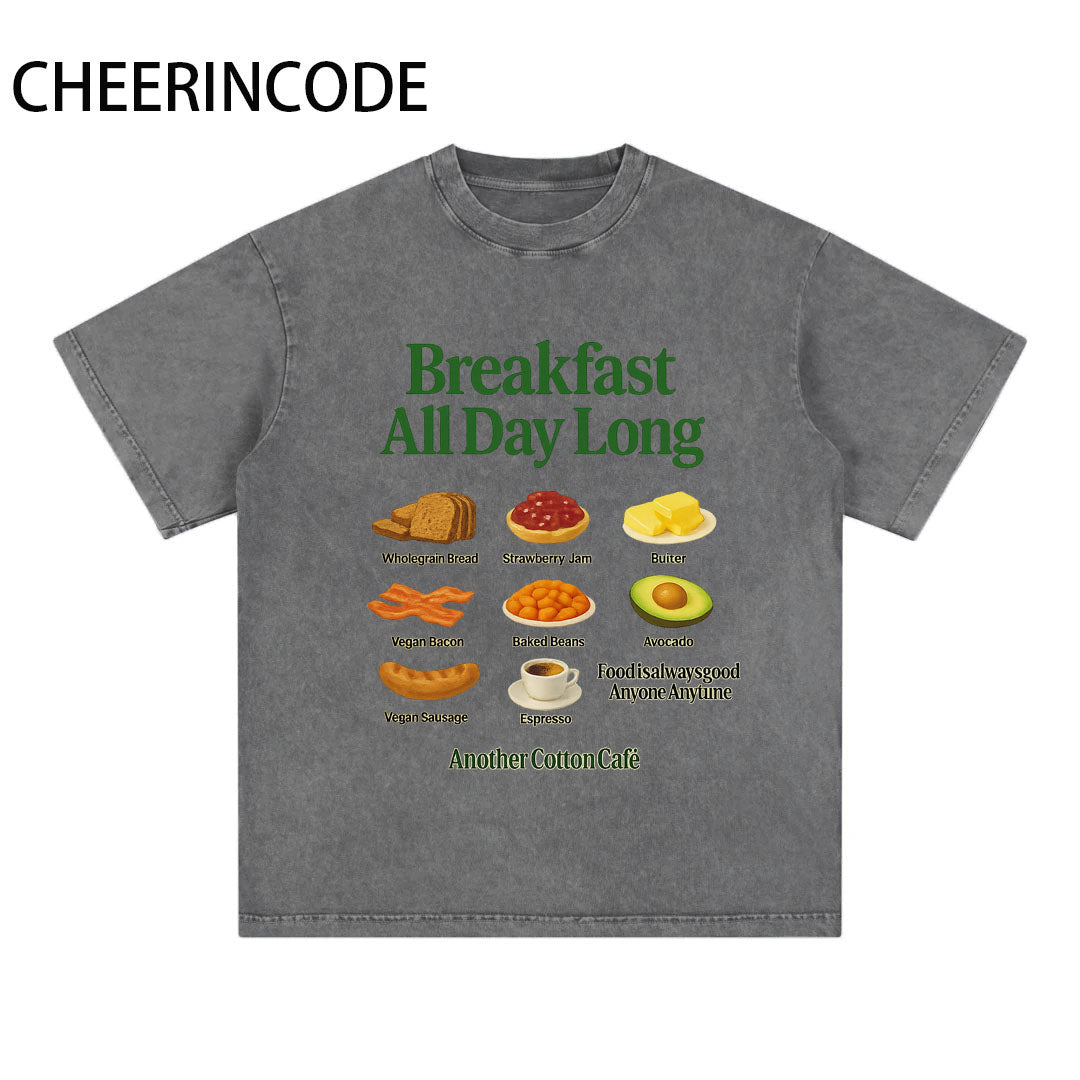 Breakfast Illustration Printed Vintage Short Sleeve T-Shirt