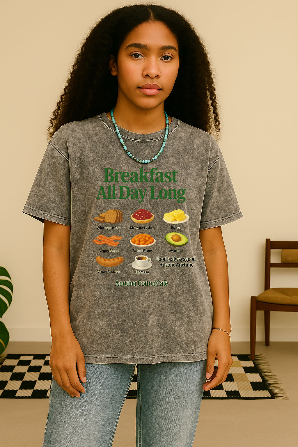 Breakfast Illustration Printed Vintage Short Sleeve T-Shirt