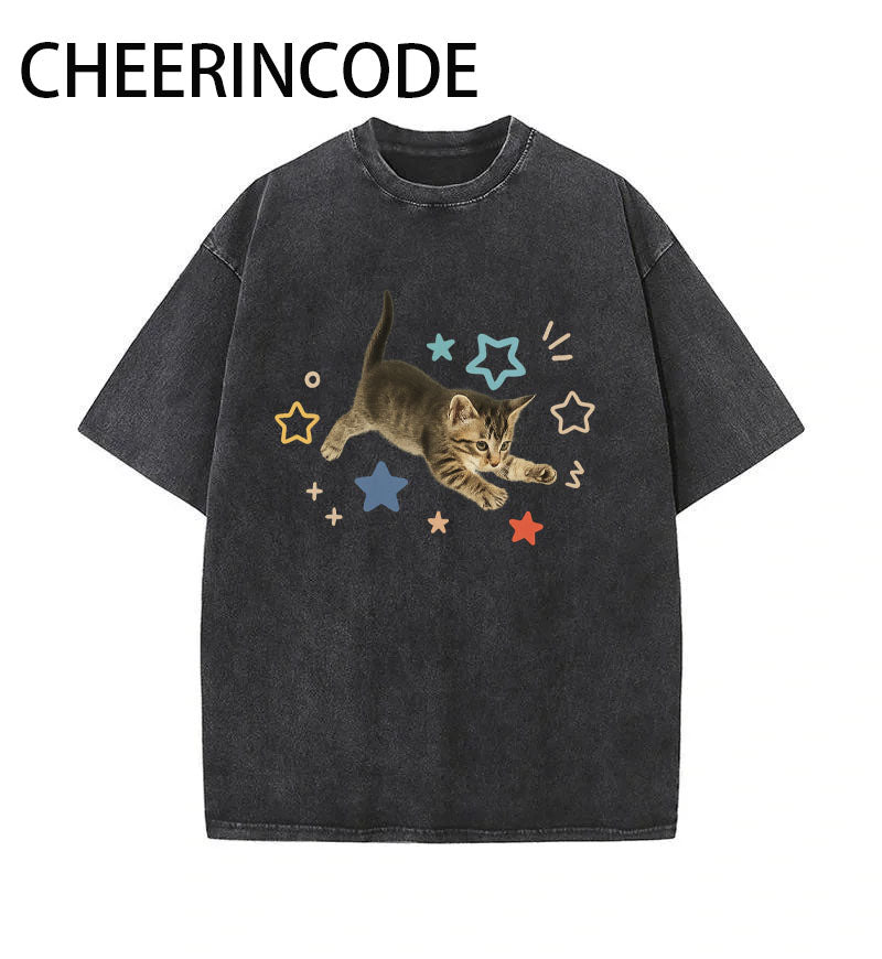 Jumping Kitten Star Print T-Shirt
