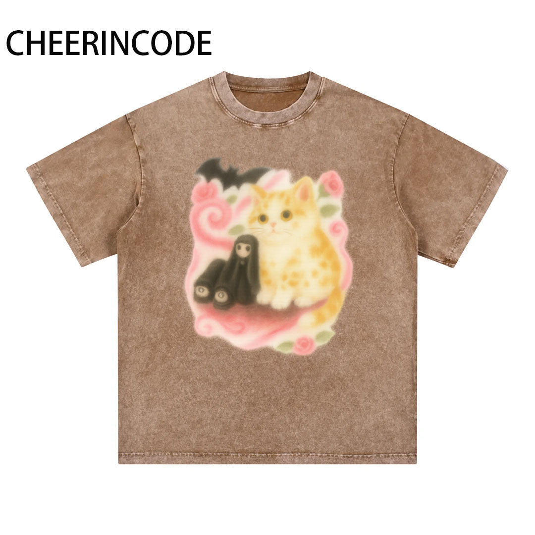 Cute Cat & Gothic Doll Print T-Shirt