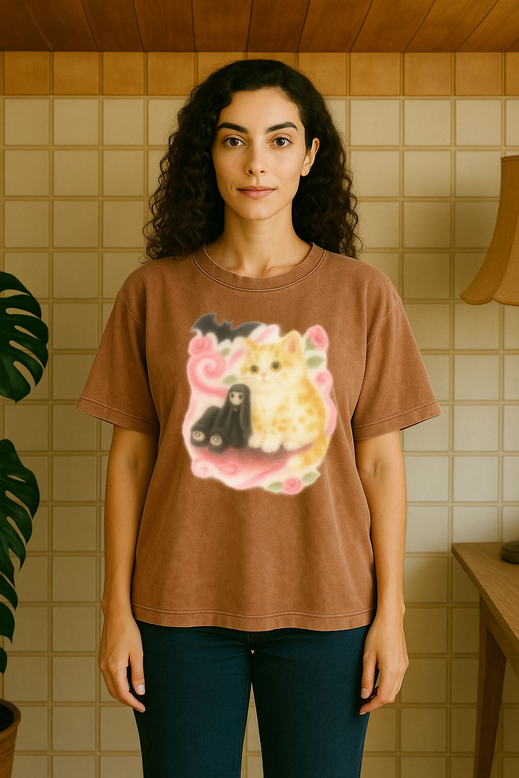 Cute Cat & Gothic Doll Print T-Shirt