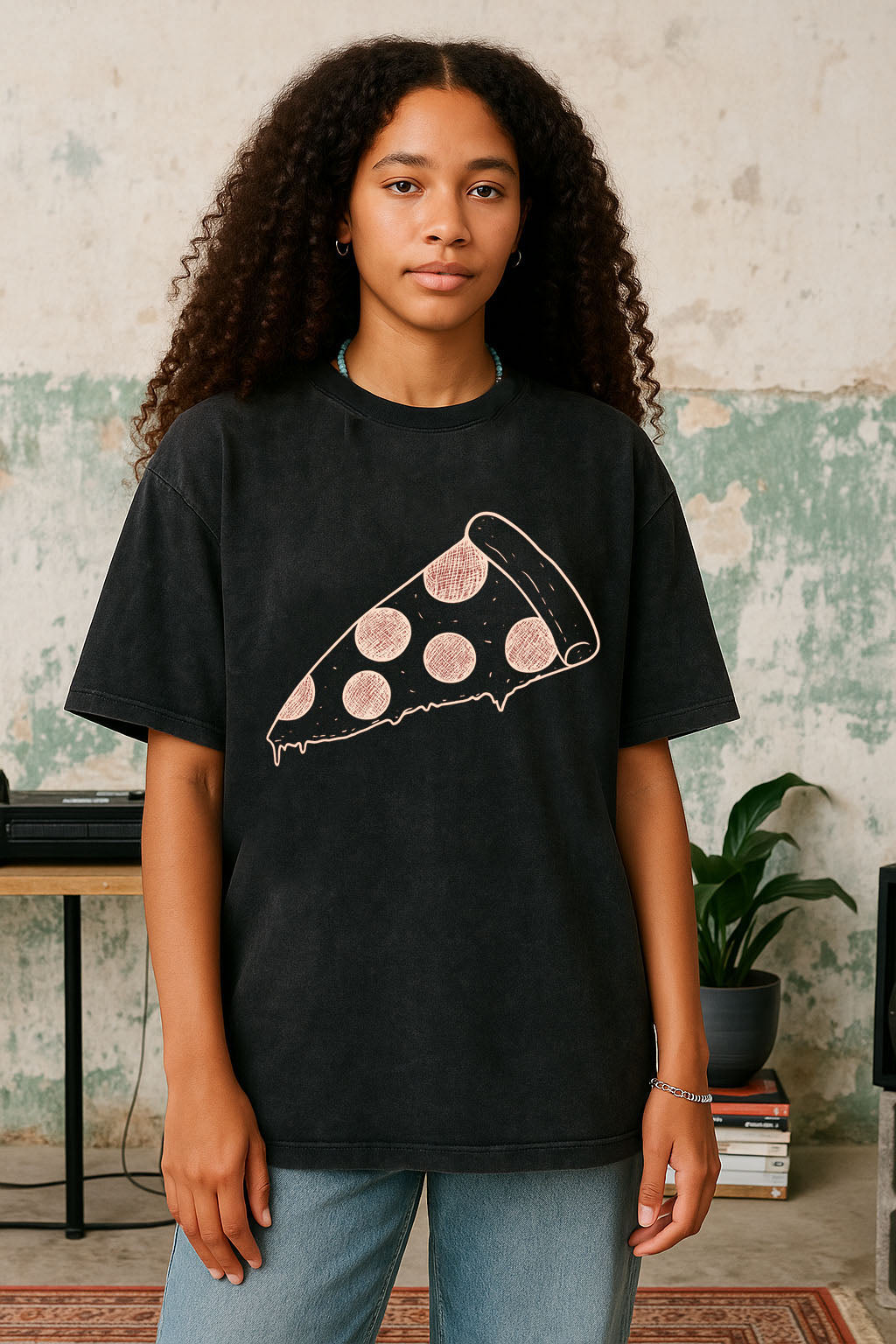 Pizza Slice Sketch Graphic T-Shirt -230G Washed