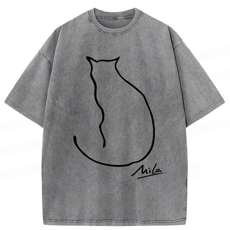 🐾 Mila Cat Line Art Washed T-Shirt