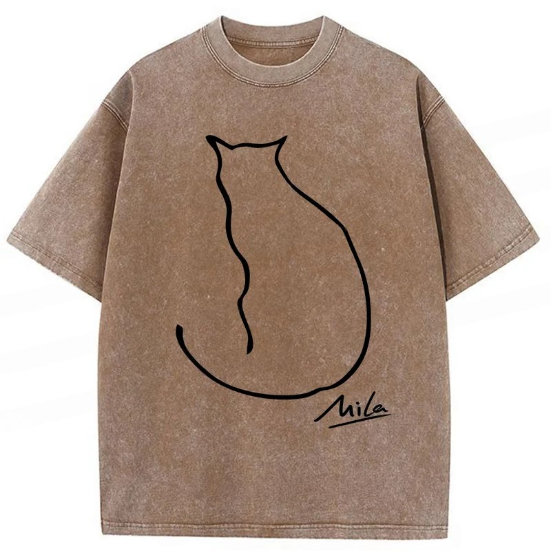 🐾 Mila Cat Line Art Washed T-Shirt