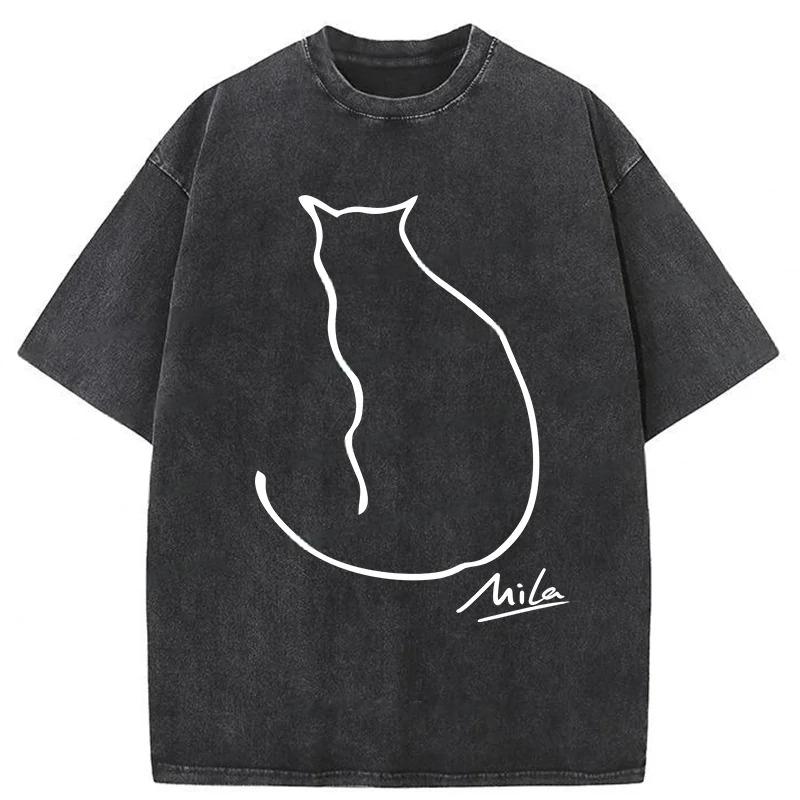 🐾 Mila Cat Line Art Washed T-Shirt