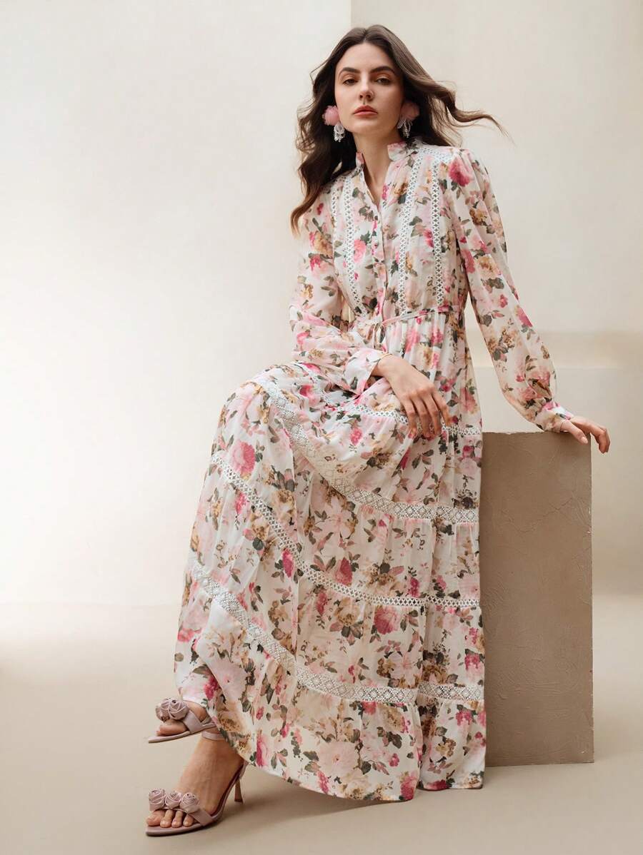 Anewsta Women's Elegant Floral Print Long Dress
