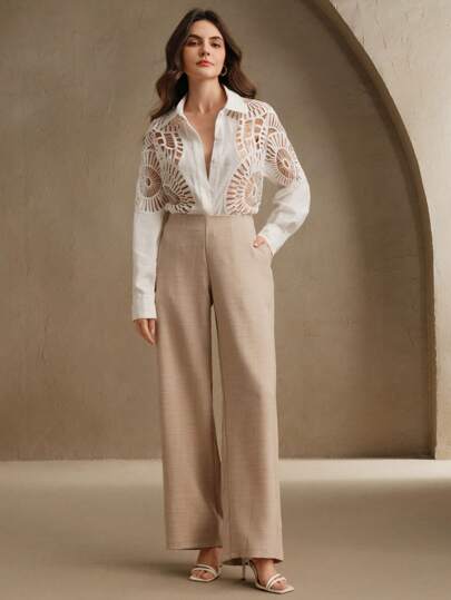 Women Soluble Lace Hollow Splice Versatile Cardigan Collar Button Shirt, Spring/Summer