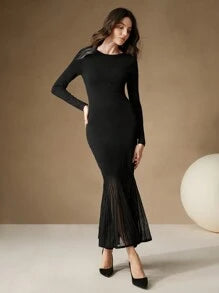 Anewsta Women's Mermaid Hem Sheer Sleeve Long Knitted Dress
