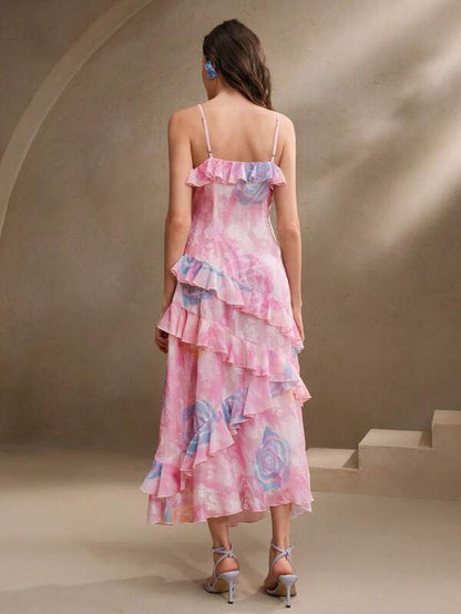 Women's Long Floral Print Slip Dress With Ruffle Trim, Elegant & Chic, Suitable For Vacation, Beach, Casual Wear, Summer