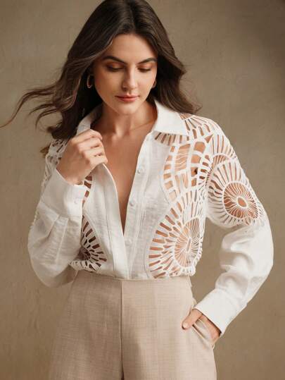 Women Soluble Lace Hollow Splice Versatile Cardigan Collar Button Shirt, Spring/Summer