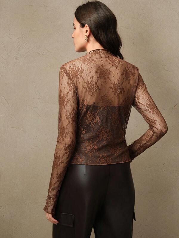 Women's Lace See-Through Sexy Thumb Hole Elegant Blouse, Suitable For Holiday Party Outfits