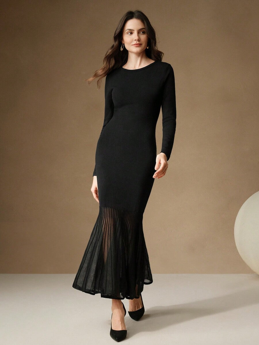 Anewsta Women's Mermaid Hem Sheer Sleeve Long Knitted Dress