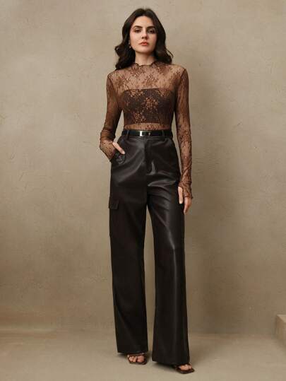 Women's Lace See-Through Sexy Thumb Hole Elegant Blouse, Suitable For Holiday Party Outfits