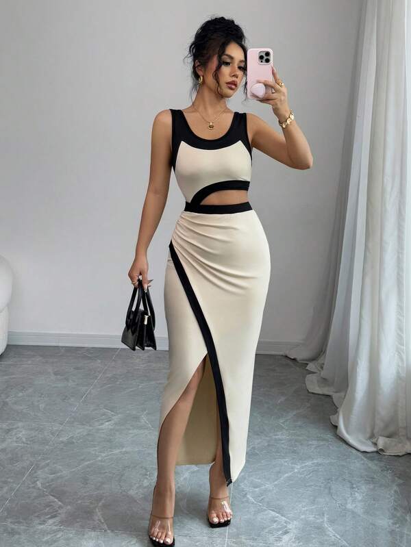 Asymmetrical Shoulder Cut-Out Waist Sexy Graceful Maxi Dress
