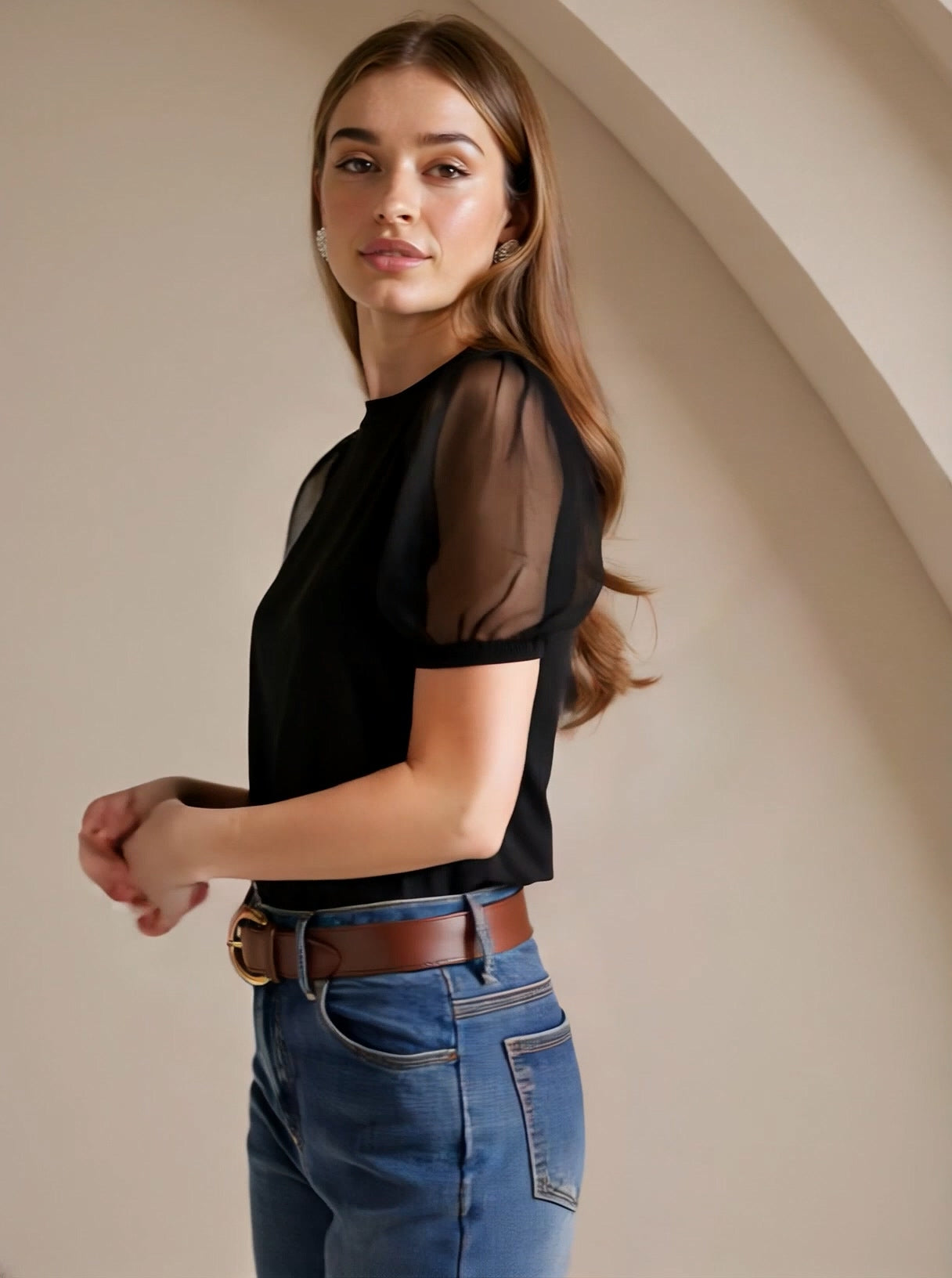 Women's Black Round Neck Mesh Sleeve Business Casual Summer T-Shirt