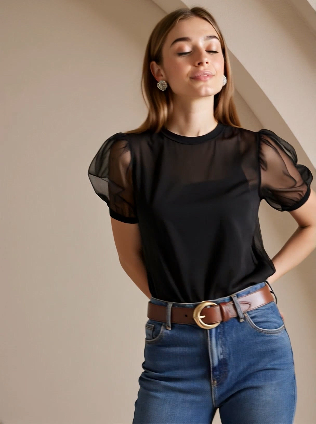 Women's Black Round Neck Mesh Sleeve Business Casual Summer T-Shirt