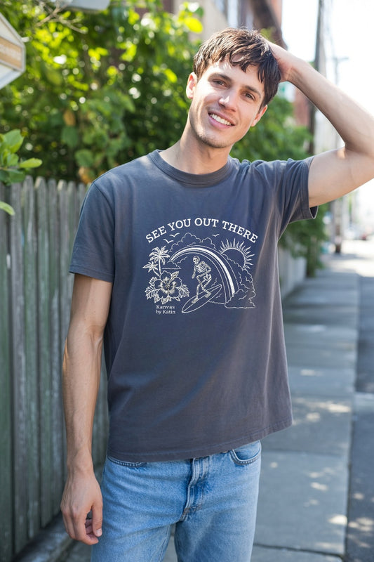 See You Out There Skeleton Surf Tee – Gray Edition