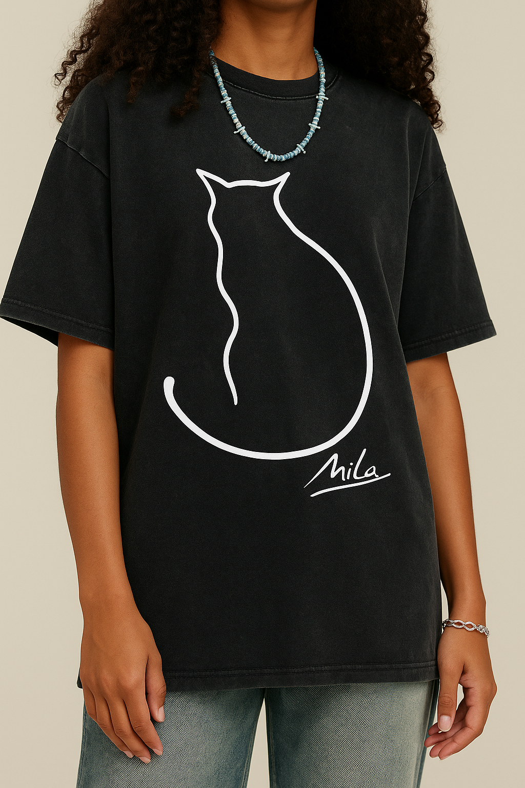 🐾 Mila Cat Line Art Washed T-Shirt