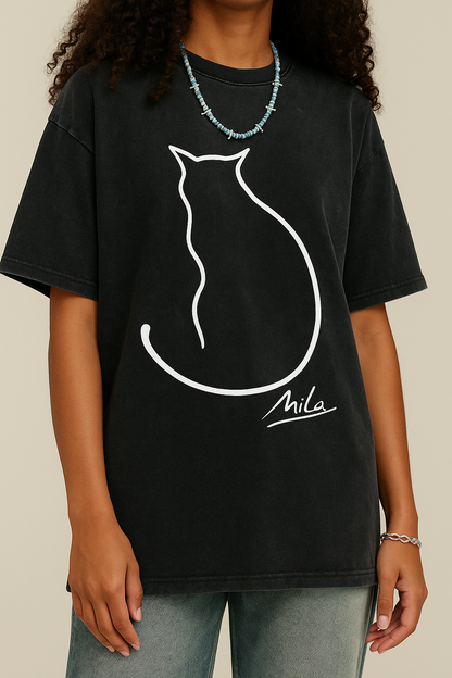 🐾 Mila Cat Line Art Washed T-Shirt