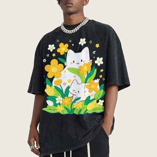 🌼 Garden Cats Oversized Tee – Soft Grunge Edition