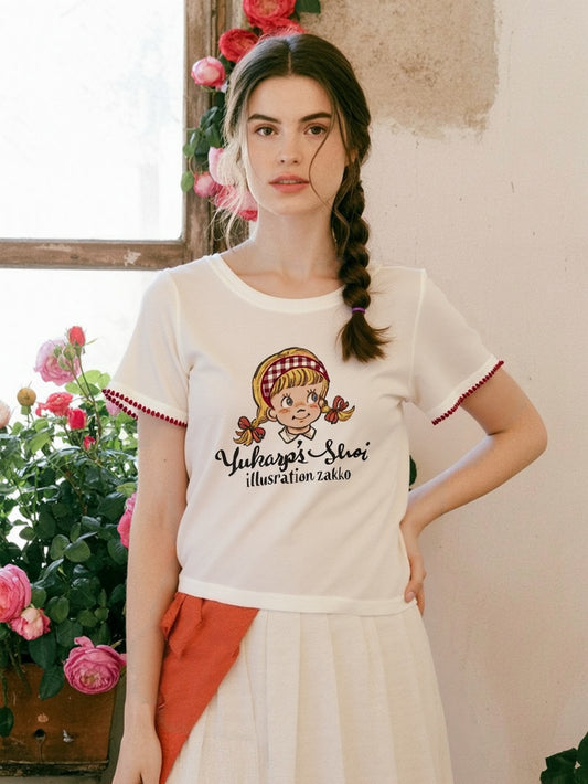 Fost Fish Women's Cartoon Illustration Tee with Ruffled Sleeves