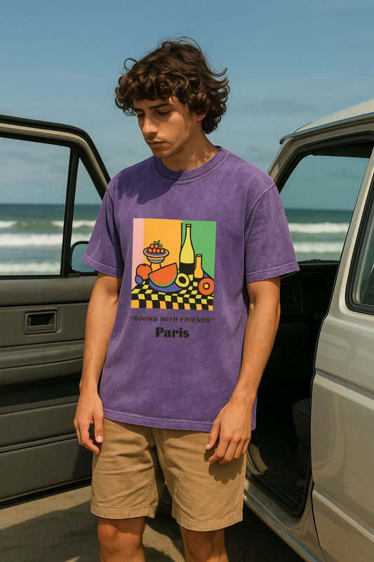 Vintage Colorblocked Fruit Plate Print T-Shirt