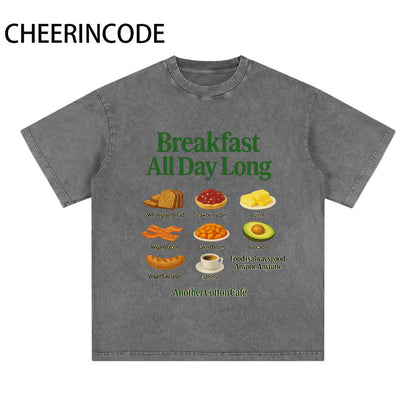 Breakfast Illustration Printed Vintage Short Sleeve T-Shirt
