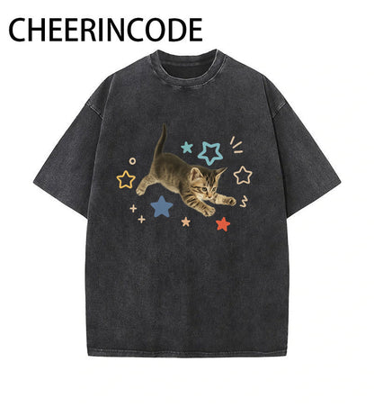 Jumping Kitten Star Print T-Shirt